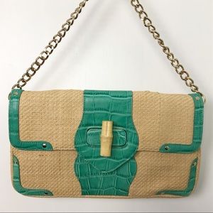 Elaine Turner Woven Straw & Teal Green Croc Purse